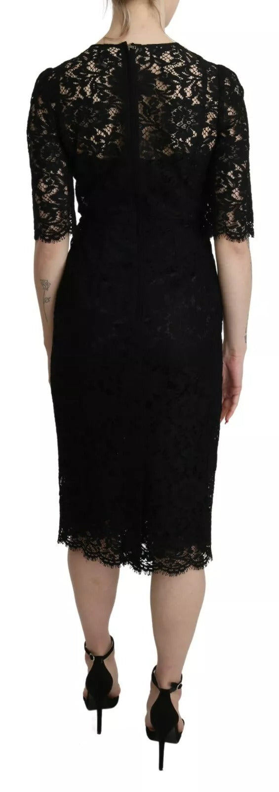 Black Floral Lace Sheath Knee Length Dress Dolce & Gabbana