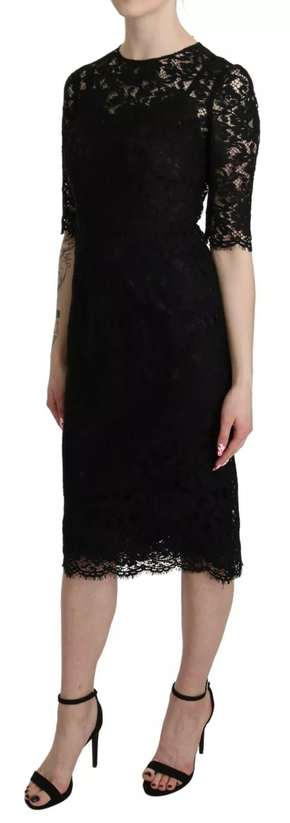 Black Floral Lace Sheath Knee Length Dress Dolce & Gabbana