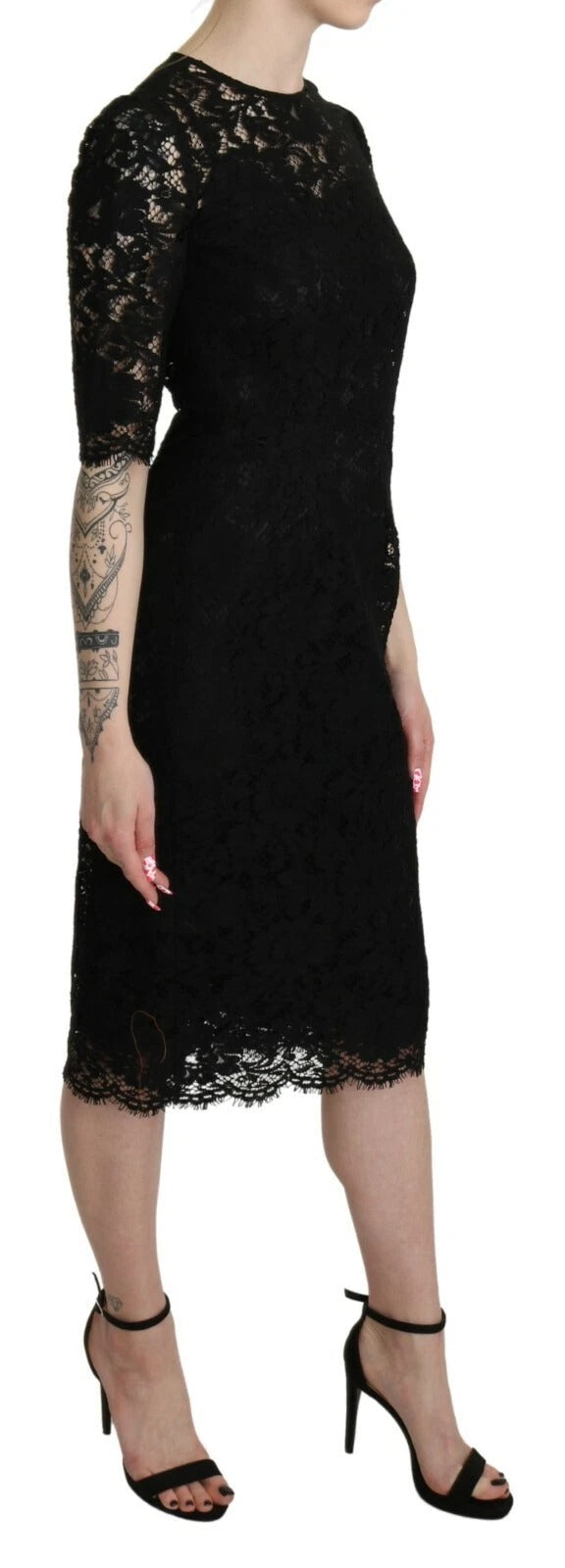 Black Floral Lace Sheath Knee Length Dress Dolce & Gabbana