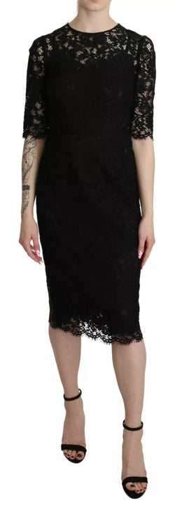 Black Floral Lace Sheath Knee Length Dress Dolce & Gabbana