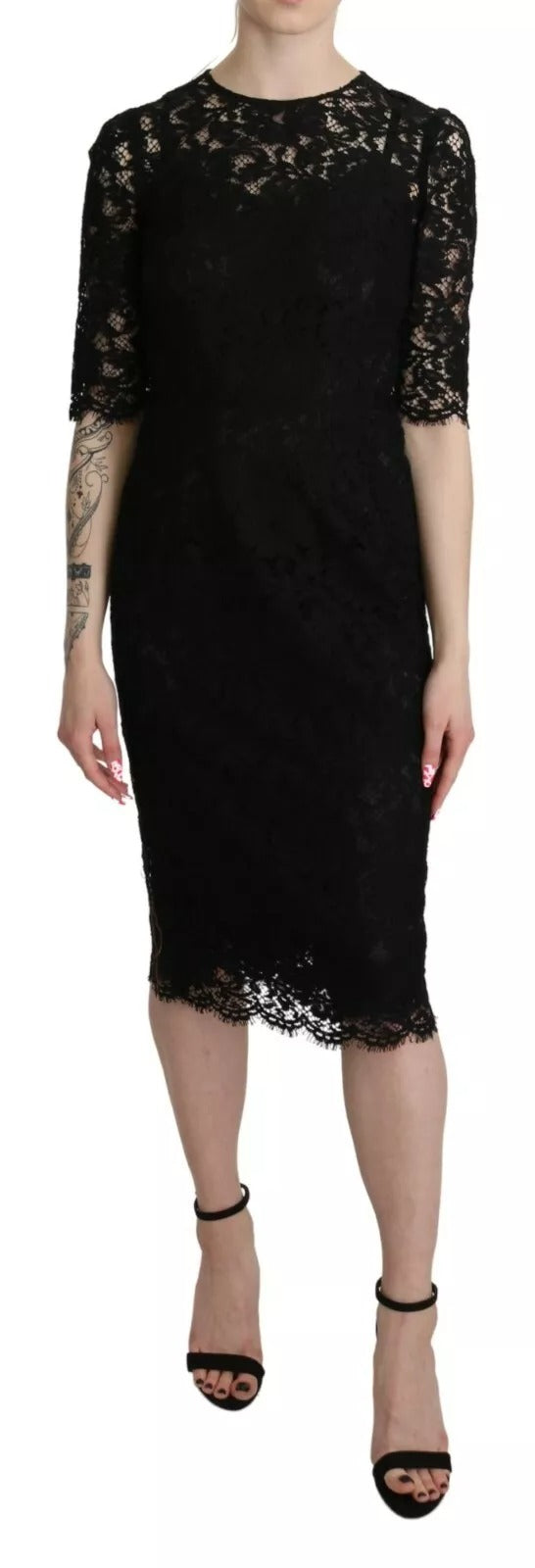 Black Floral Lace Sheath Knee Length Dress Dolce & Gabbana