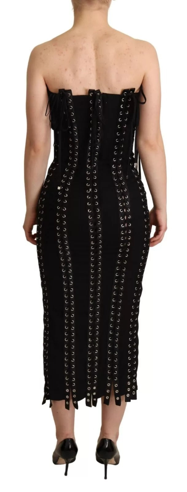 Black Cady Sleeveless Lace Up Bodycon Dress Dolce & Gabbana