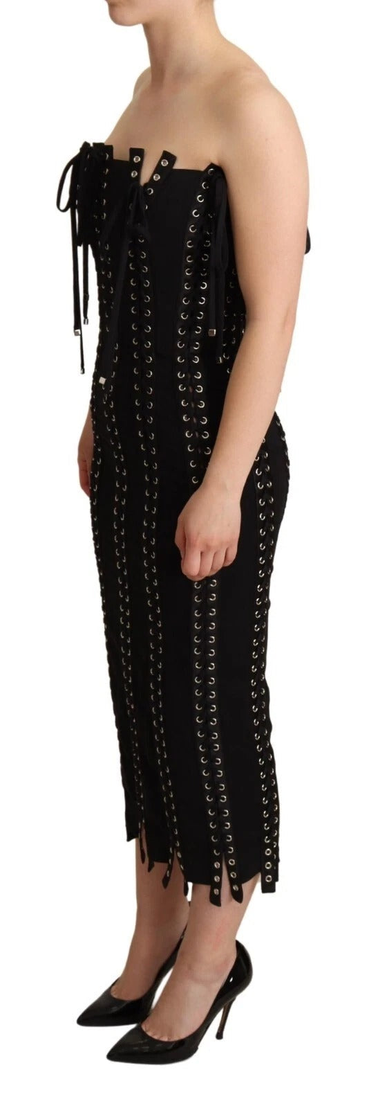 Black Cady Sleeveless Lace Up Bodycon Dress Dolce & Gabbana