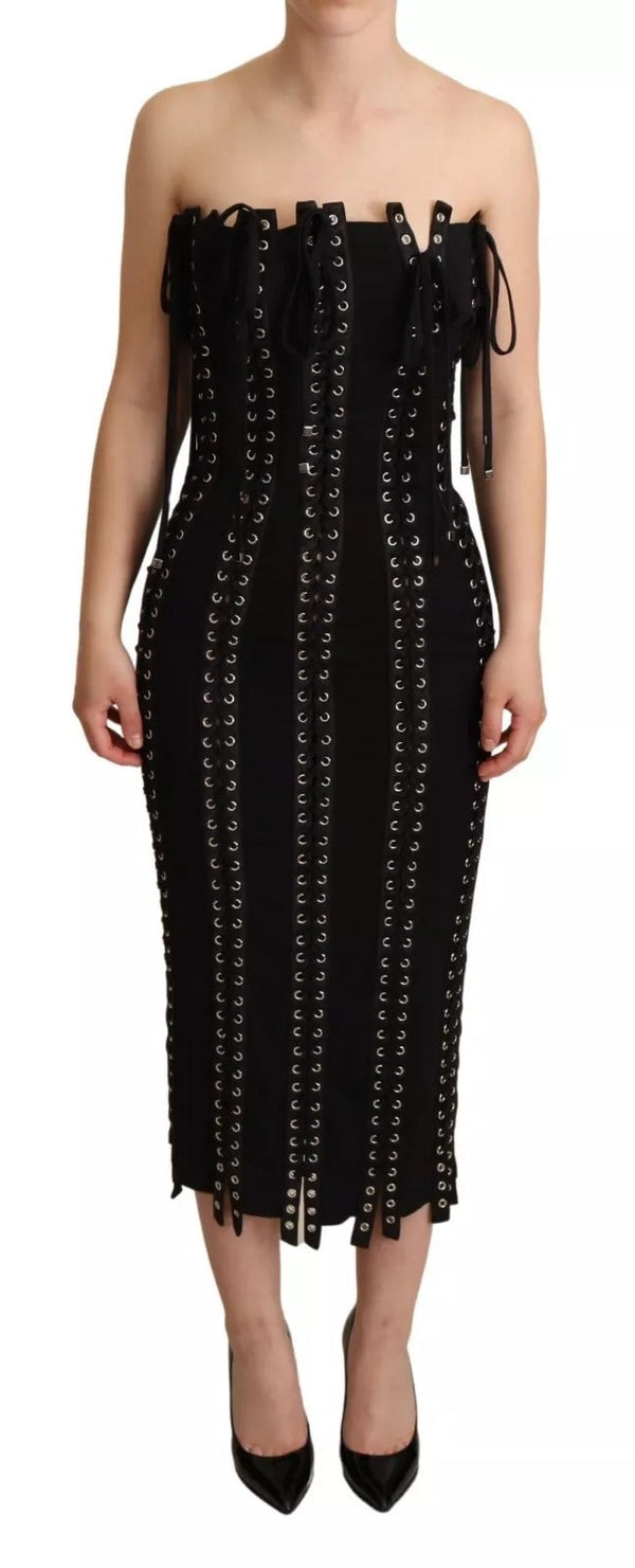 Black Cady Sleeveless Lace Up Bodycon Dress Dolce & Gabbana