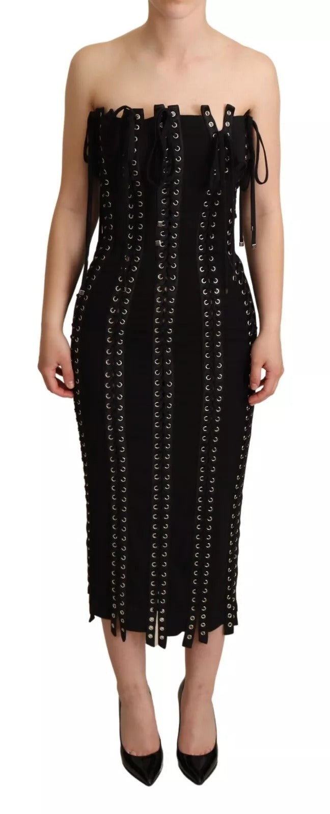 Black Cady Sleeveless Lace Up Bodycon Dress Dolce & Gabbana