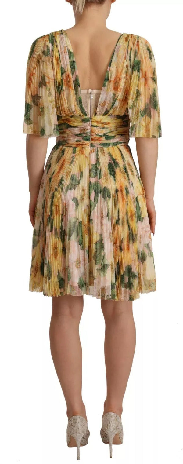 Yellow Floral Print Pleated Maxi Dress Dolce & Gabbana