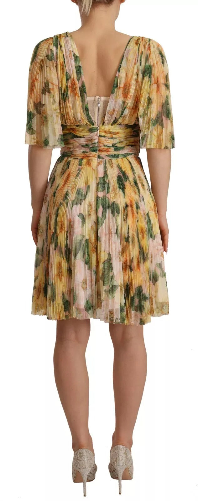 Yellow Floral Print Pleated Maxi Dress Dolce & Gabbana