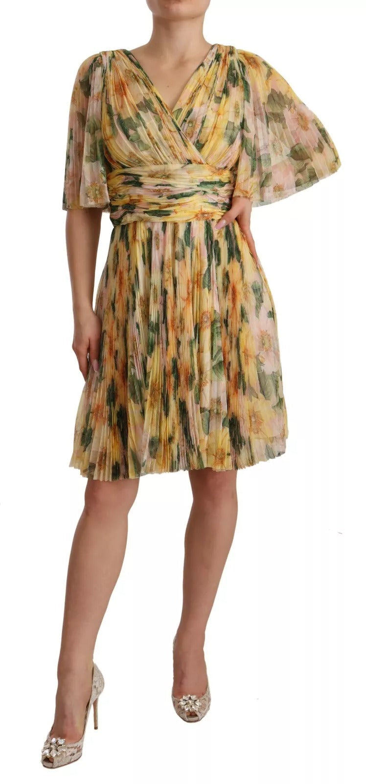 Yellow Floral Print Pleated Maxi Dress Dolce & Gabbana