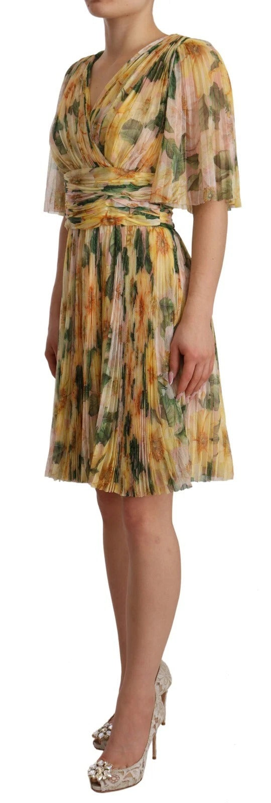 Yellow Floral Print Pleated Maxi Dress Dolce & Gabbana
