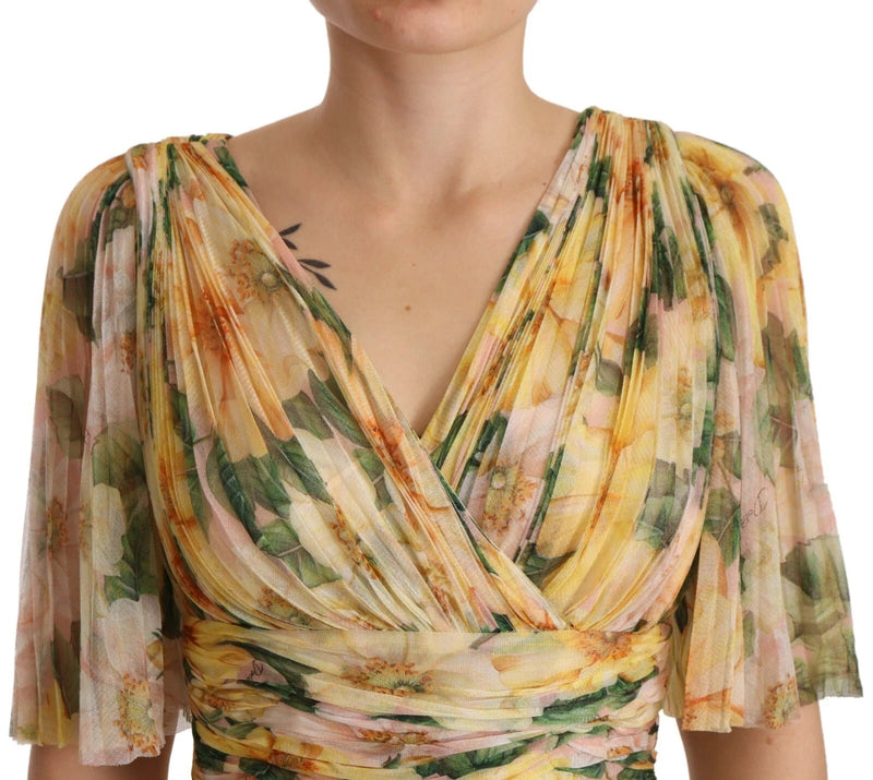 Yellow Floral Print Pleated Maxi Dress Dolce & Gabbana