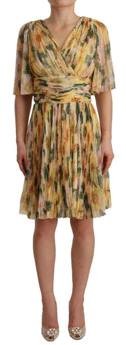 Yellow Floral Print Pleated Maxi Dress Dolce & Gabbana