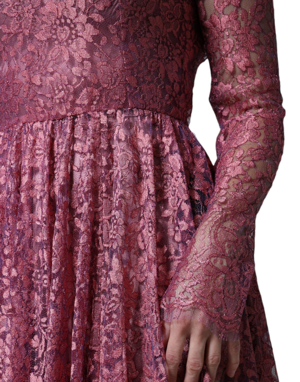 Pink Floral Lace Long Sleeve Midi Dress Dolce & Gabbana