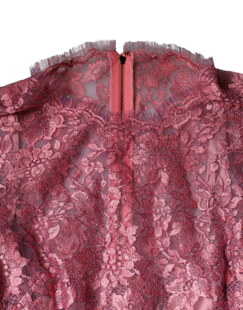 Pink Floral Lace Long Sleeve Midi Dress Dolce & Gabbana