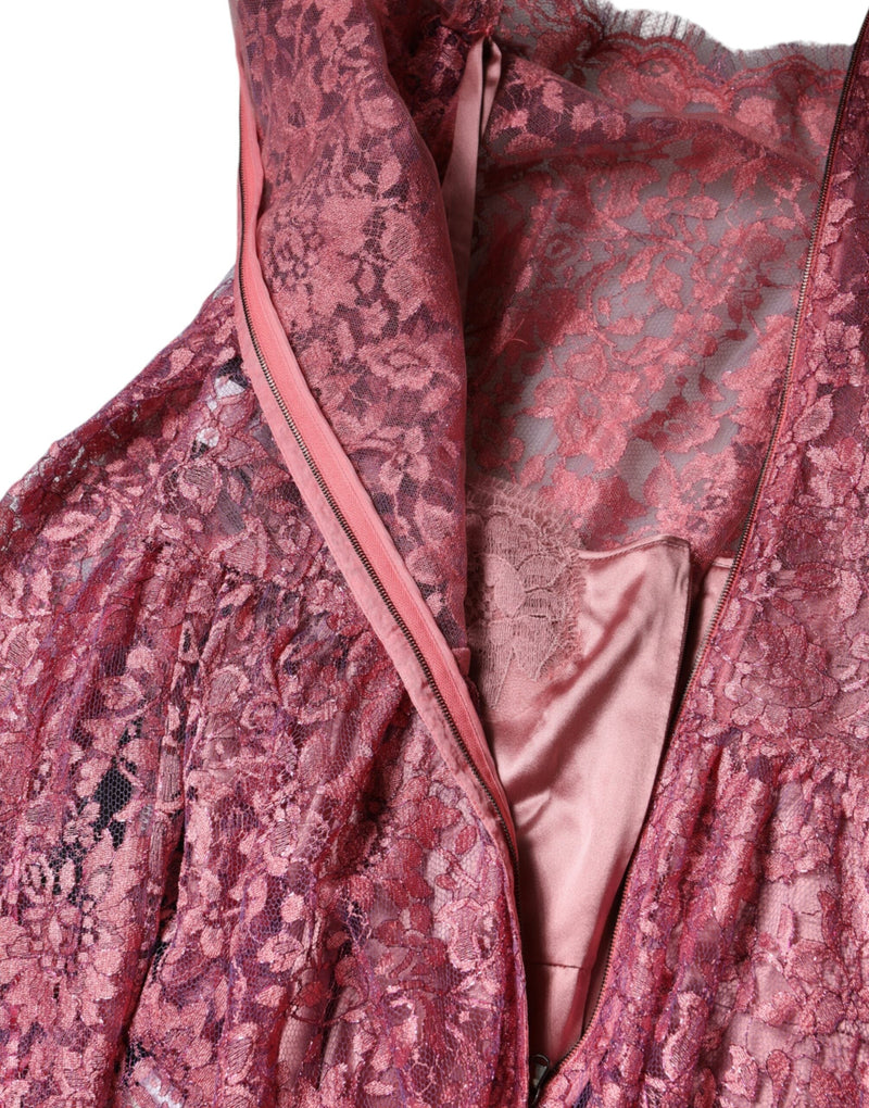 Pink Floral Lace Long Sleeve Midi Dress Dolce & Gabbana