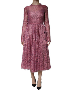Pink Floral Lace Long Sleeve Midi Dress Dolce & Gabbana