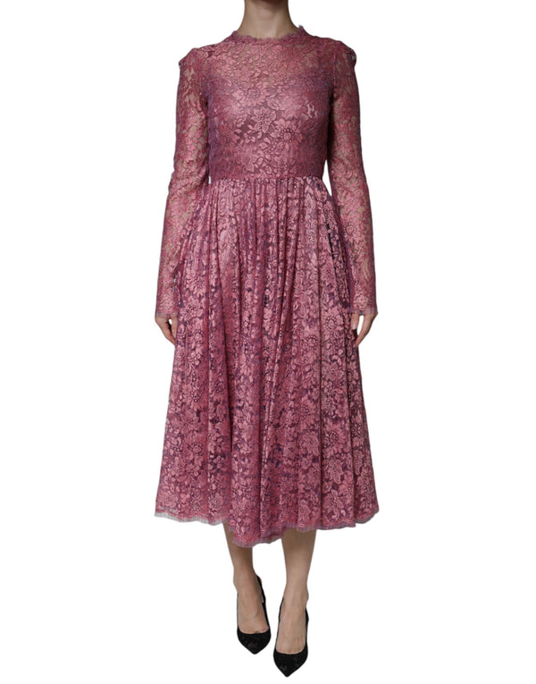 Pink Floral Lace Long Sleeve Midi Dress Dolce & Gabbana