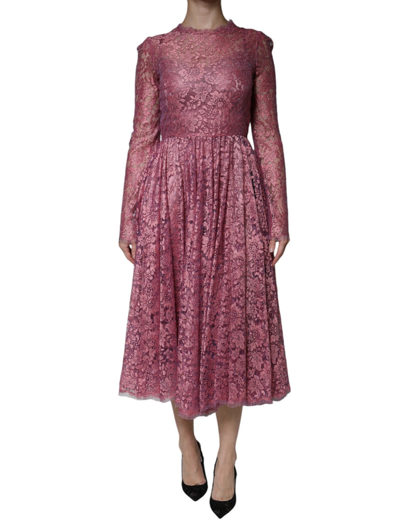 Pink Floral Lace Long Sleeve Midi Dress Dolce & Gabbana