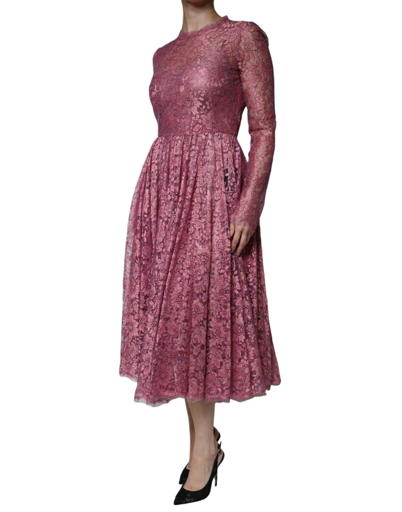 Pink Floral Lace Long Sleeve Midi Dress Dolce & Gabbana