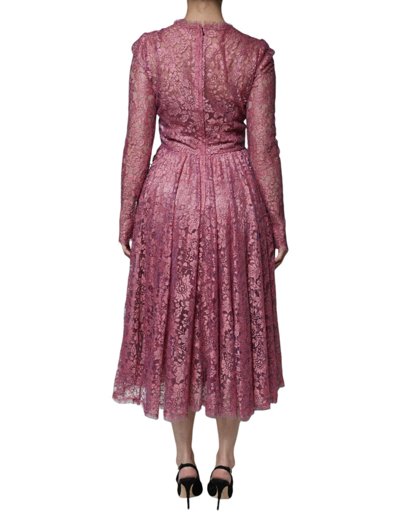 Pink Floral Lace Long Sleeve Midi Dress Dolce & Gabbana