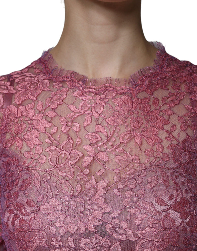 Pink Floral Lace Long Sleeve Midi Dress Dolce & Gabbana