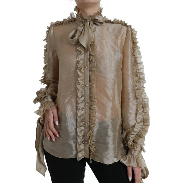 Gold Ascot Collar Ruffles Blouse Top Dolce & Gabbana