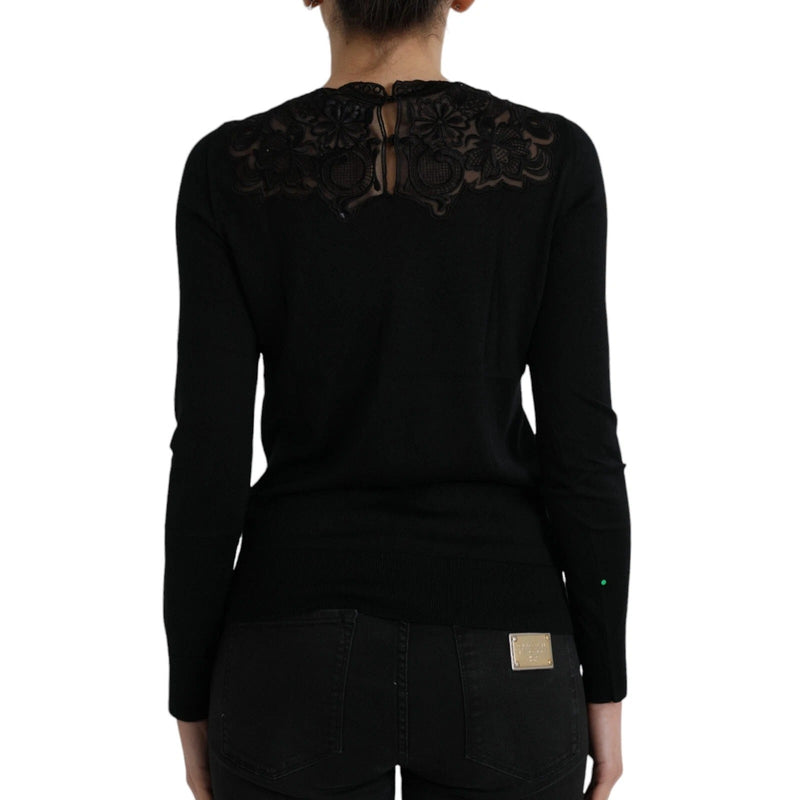Black Silk Lace Trim Long Sleeves Blouse Top Dolce & Gabbana