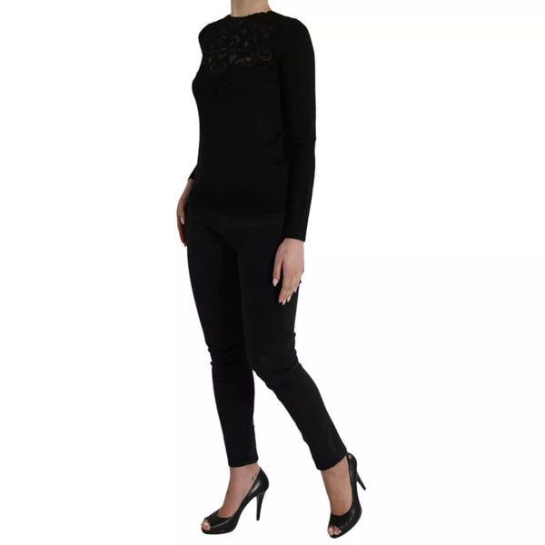Black Silk Lace Trim Long Sleeves Blouse Top Dolce & Gabbana