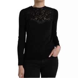 Black Silk Lace Trim Long Sleeves Blouse Top Dolce & Gabbana