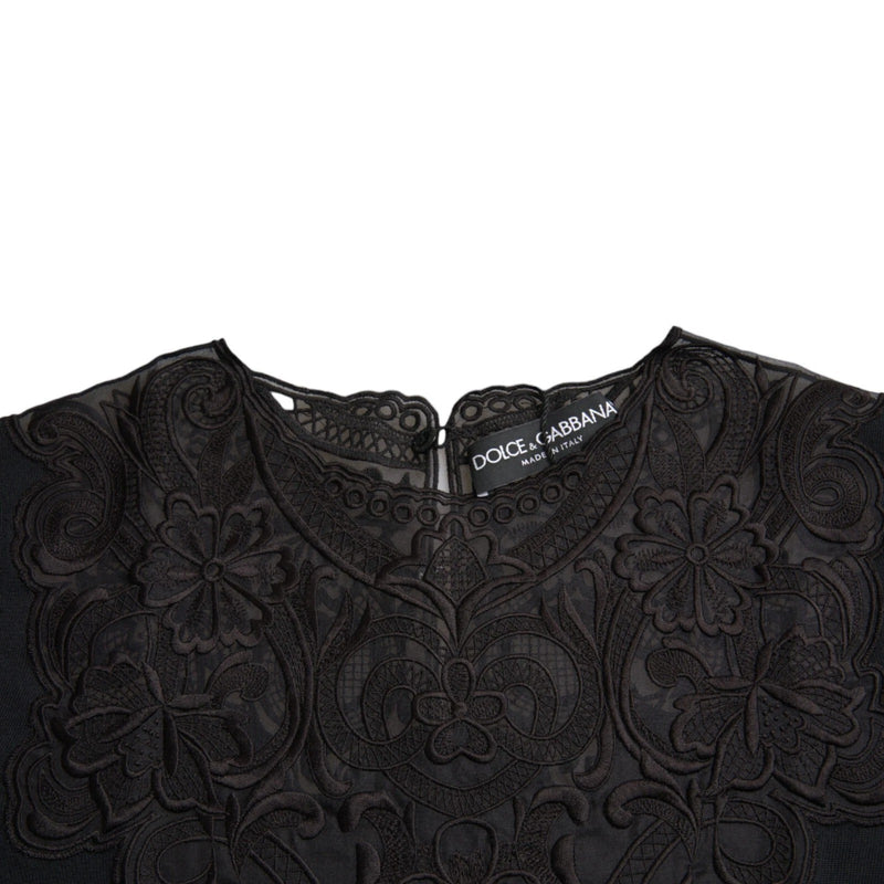 Black Silk Lace Trim Long Sleeves Blouse Top Dolce & Gabbana