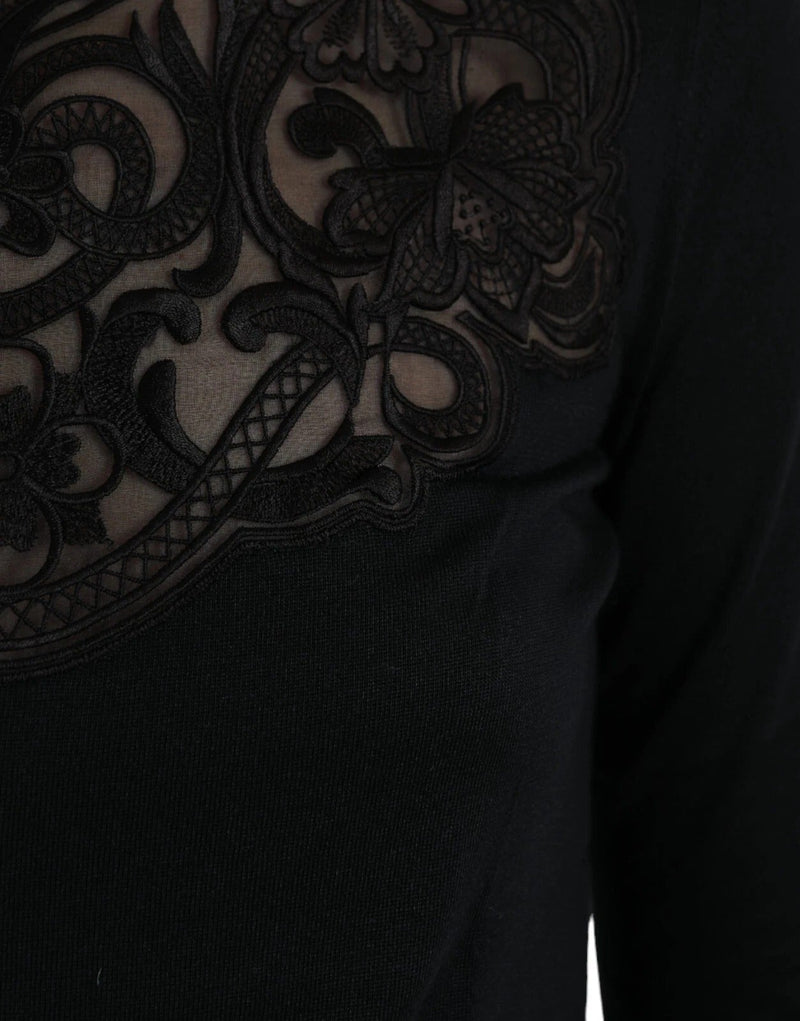 Black Silk Lace Trim Long Sleeves Blouse Top Dolce & Gabbana