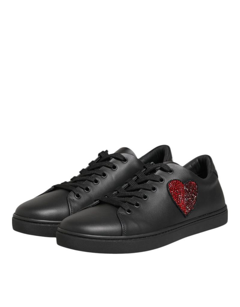 Black Leather Crystal Heart Sneakers  Shoes Dolce & Gabbana