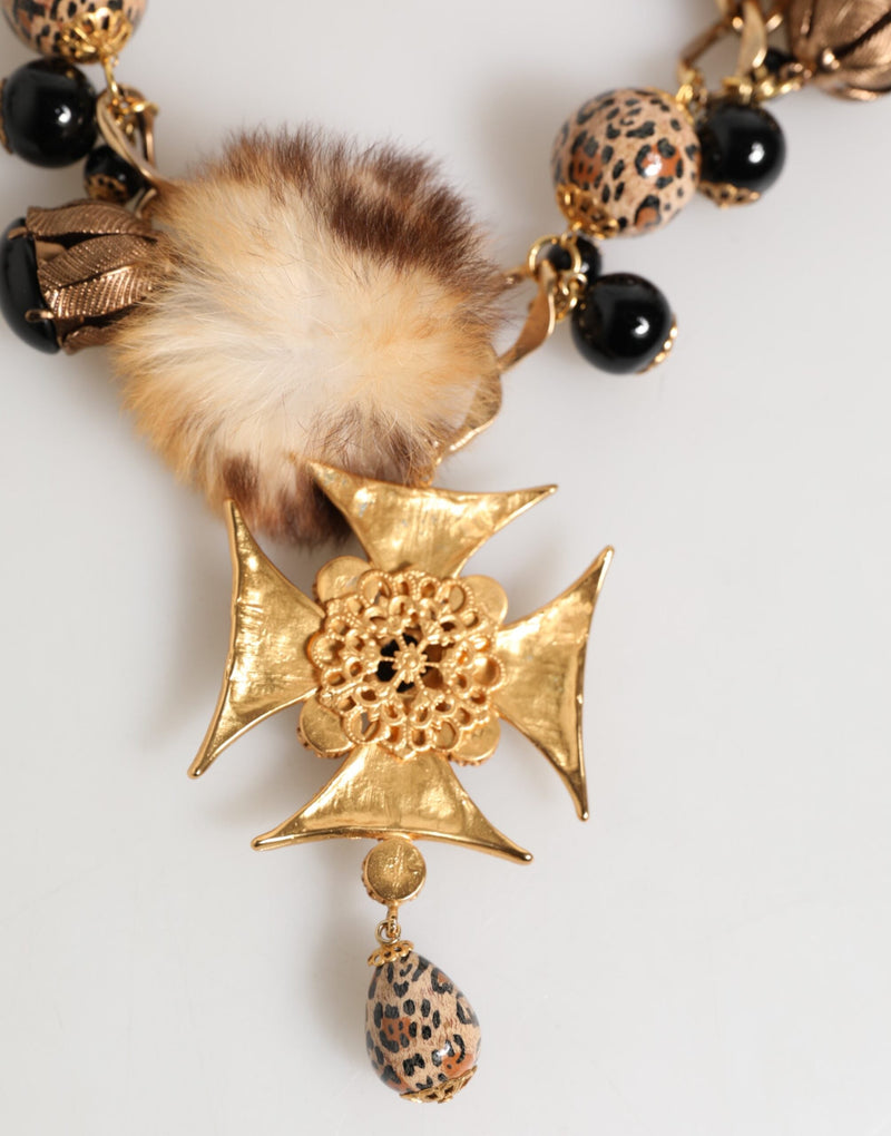 Gold Black Crystals Lapin Fur Filigree Choker Necklace Dolce & Gabbana