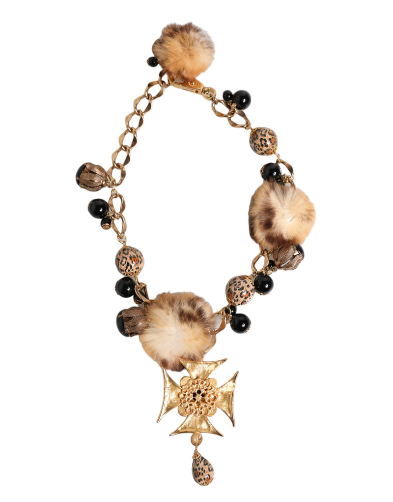 Gold Black Crystals Lapin Fur Filigree Choker Necklace Dolce & Gabbana