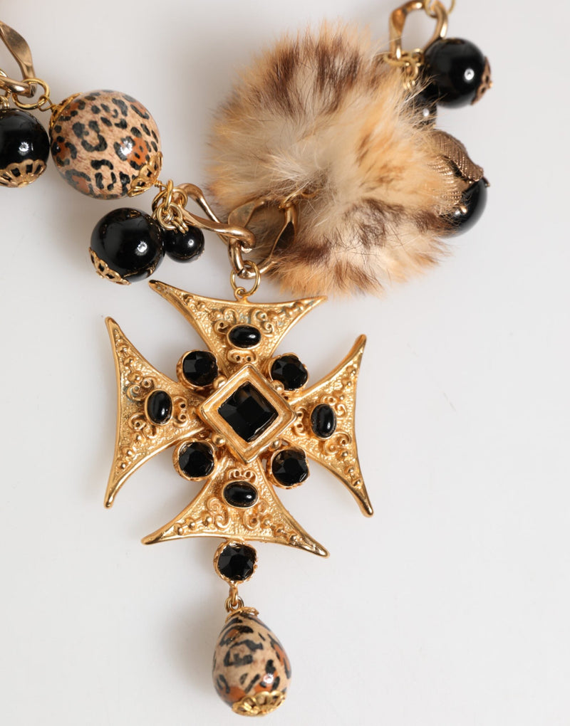 Gold Black Crystals Lapin Fur Filigree Choker Necklace Dolce & Gabbana