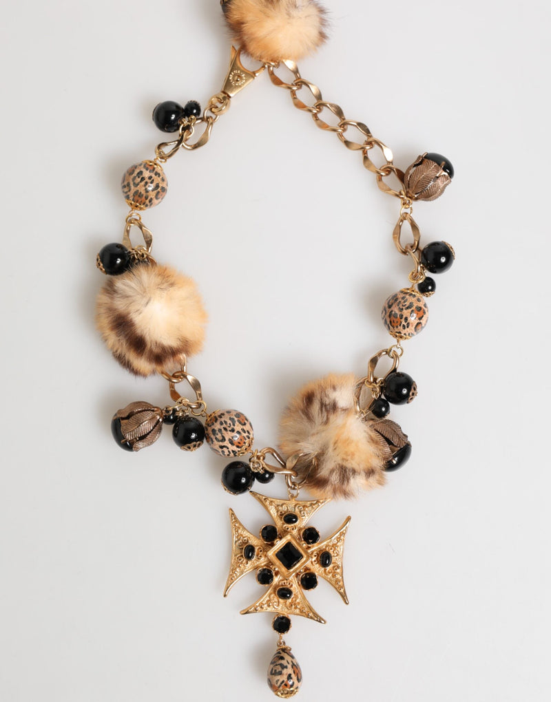 Gold Black Crystals Lapin Fur Filigree Choker Necklace Dolce & Gabbana