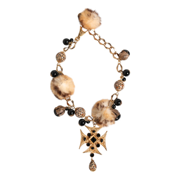 Gold Black Crystals Lapin Fur Filigree Choker Necklace Dolce & Gabbana