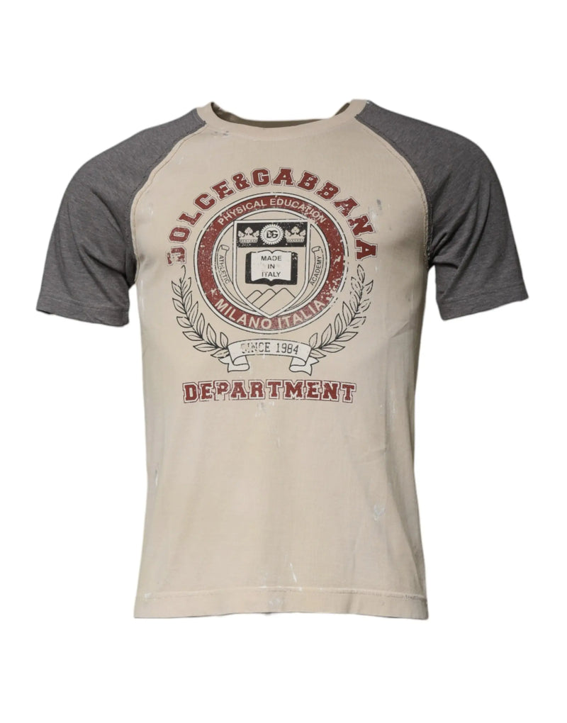 Beige Gray Graphic Print Cotton Crew Neck T-shirt Dolce & Gabbana