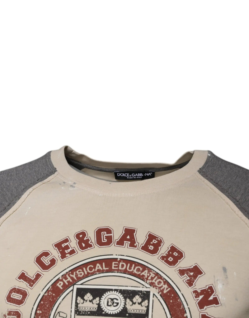 Beige Gray Graphic Print Cotton Crew Neck T-shirt Dolce & Gabbana