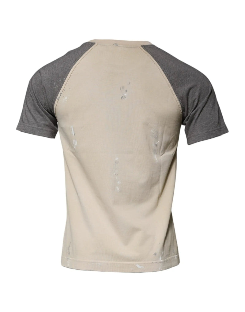 Beige Gray Graphic Print Cotton Crew Neck T-shirt Dolce & Gabbana