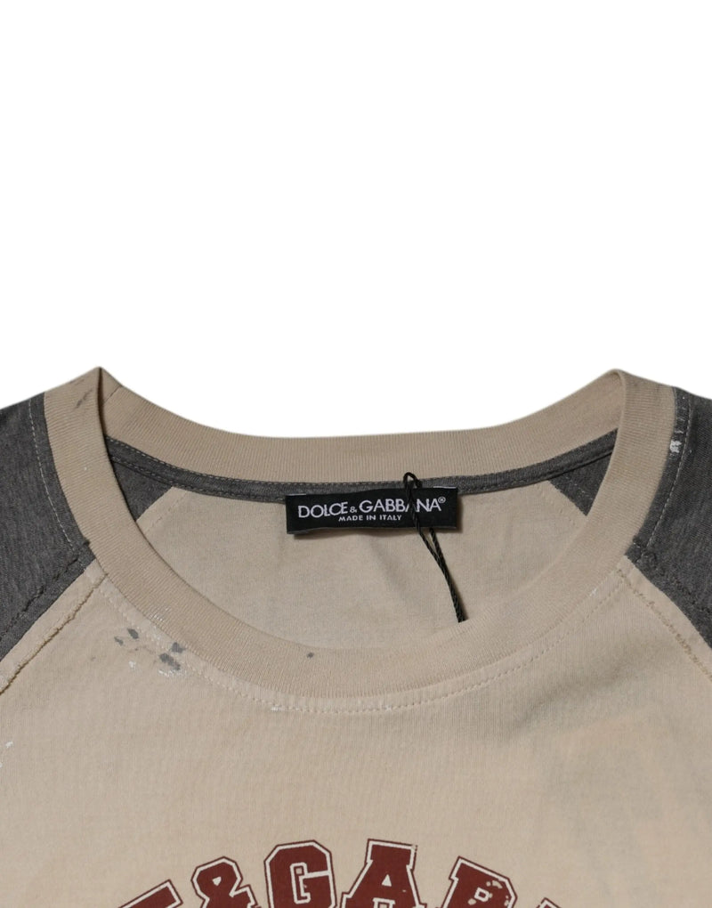 Beige Gray Graphic Print Cotton Crew Neck T-shirt Dolce & Gabbana