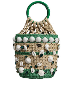 Beige Green Rafia Seashells Crystal Bucket Bag Dolce & Gabbana