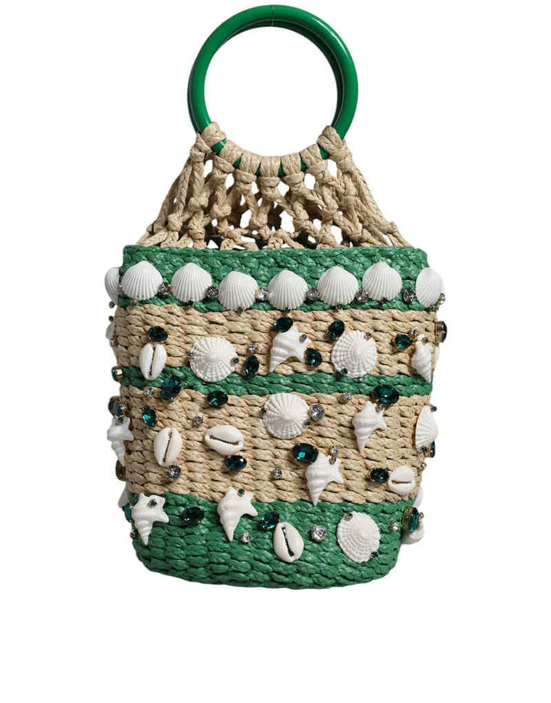 Beige Green Rafia Seashells Crystal Bucket Bag Dolce & Gabbana