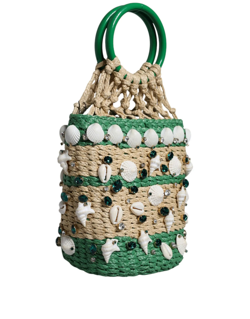 Beige Green Rafia Seashells Crystal Bucket Bag Dolce & Gabbana