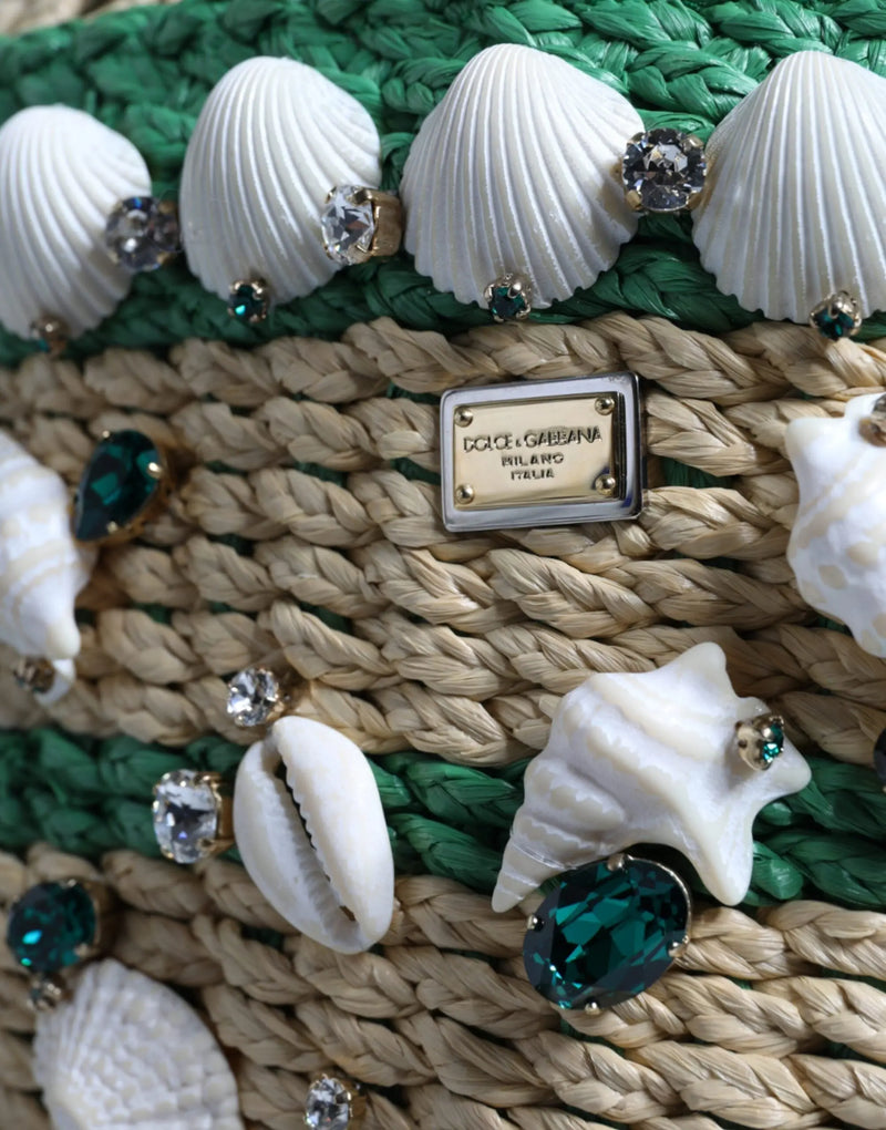 Beige Green Rafia Seashells Crystal Bucket Bag Dolce & Gabbana