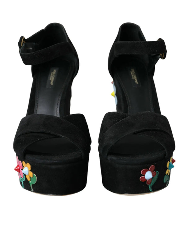 Black Floral Ankle Strap Heels Sandals Shoes Dolce & Gabbana