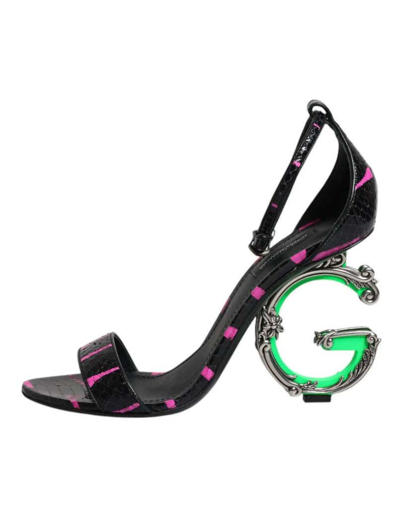 Black Fuchsia Leather DG Heels Sandals Shoes Dolce & Gabbana