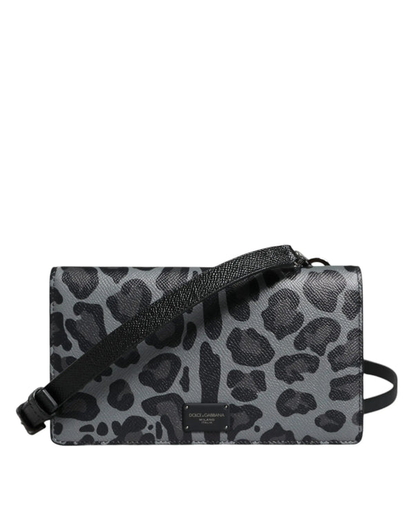 Black Gray Leopard Leather Bifold Card Slot Crossbody Bag Dolce & Gabbana