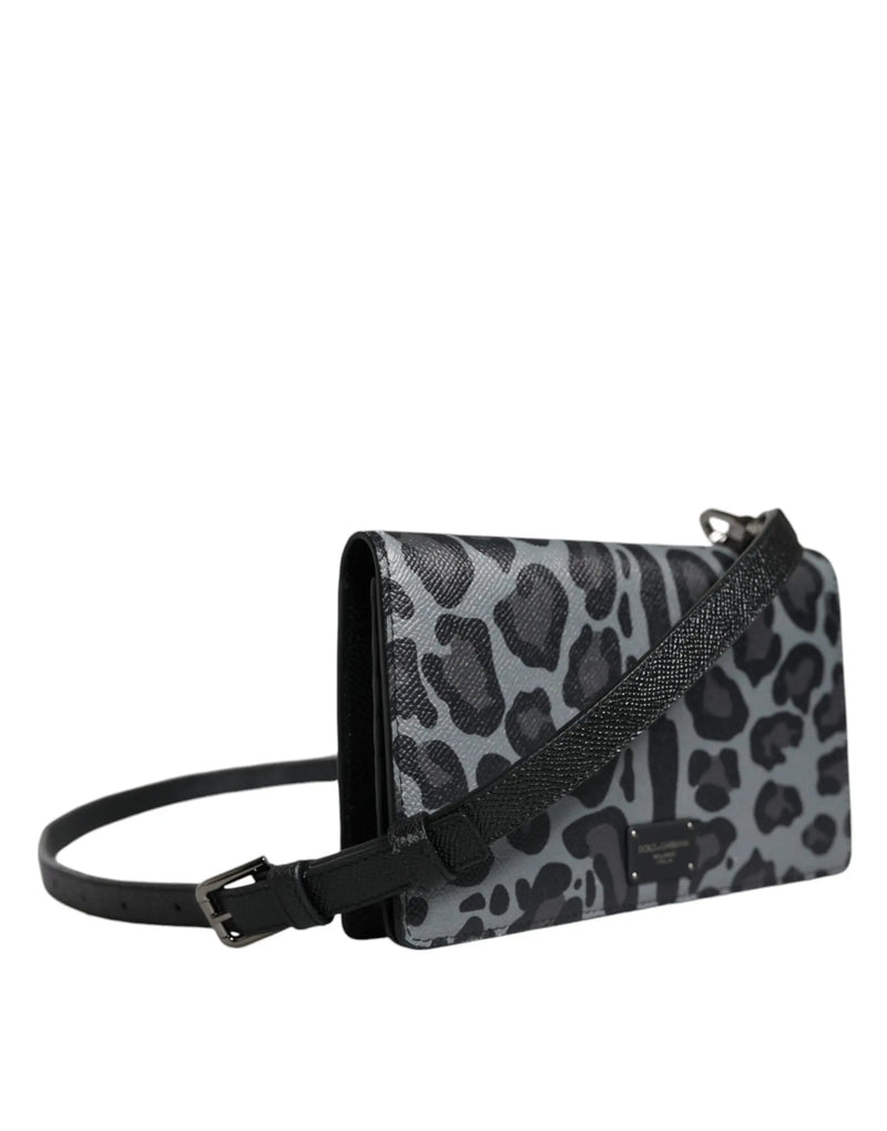 Black Gray Leopard Leather Bifold Card Slot Crossbody Bag Dolce & Gabbana