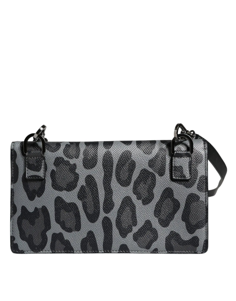 Black Gray Leopard Leather Bifold Card Slot Crossbody Bag Dolce & Gabbana