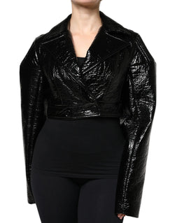 Black Leather Cropped Long Sleeve Coat Jacket Dolce & Gabbana